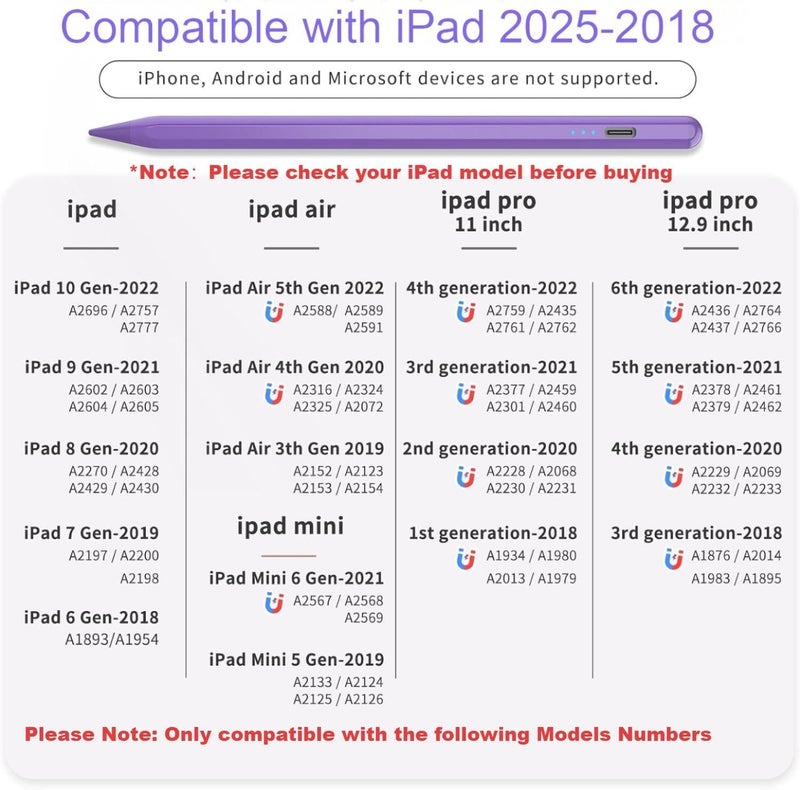 HZD Stylus Pen for iPad 2025-2018 Faster Charge Apple Pencil with Tilt Sensitivity & Palm Rejection & Magnetic Compatible iPad 11/10/9/8/7/6, Pad Air 3/4/5, Pro 12.9"/11", Mini 6/5, M2/M4 Purple - Image 3